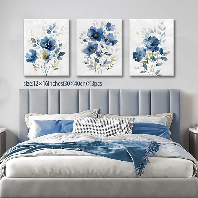 KISSFOX Framed Colorful Wildflower Blue Canvas Wall Art Set Of 3 Flowers Pictures Prints Flowers Printing Floral Watercolors Flower wall Decor Living Room Girls Bedroom Bathroom