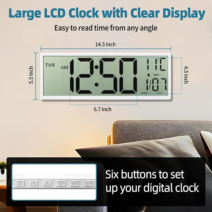 15" Large Digital Wall Clock Battery Operated Black, Clock with Large Display Numbers, Calendar, Auto DST, Clocks for Living Room, Kitchen, Office, Bedroom
