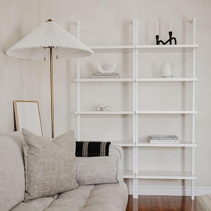 Nathan James Theo 5-Shelf Modern Bookcase, Open Wall Mount Ladder Bookshelf with Industrial Metal Frame, White, Set of 2