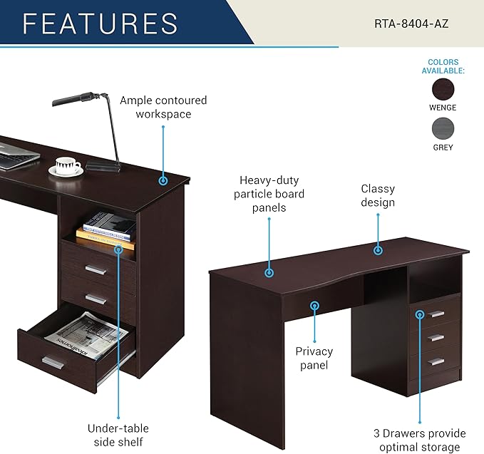 Techni Mobili 51" Classic Computer Desk with Drawers, 3-Drawer Home Office Desk with Storage (Brown)