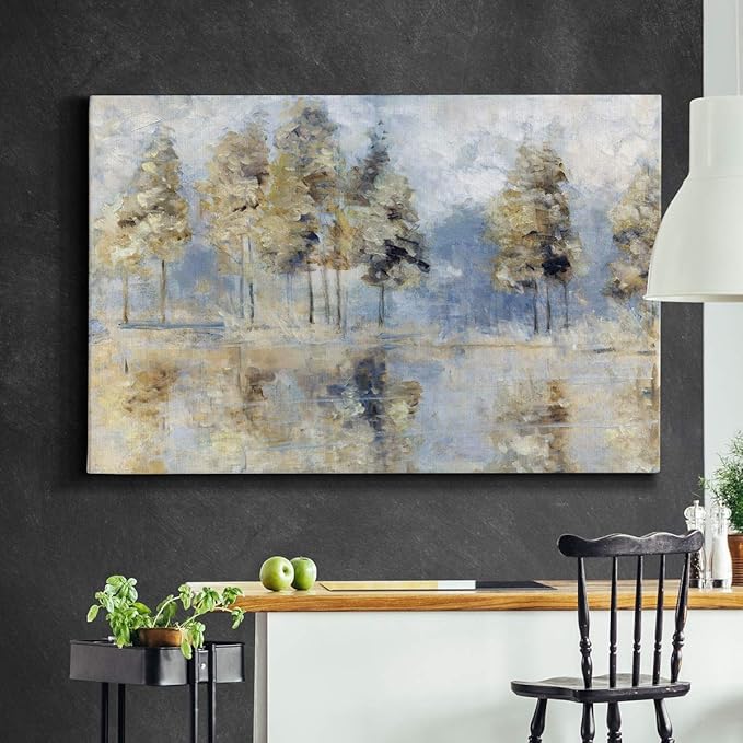 WEXFORD HOME Landscape Wall Art Premium Gallery Wrapped Canvas Abstract Ocean Forest Modern Artwork Decoration for Living Room Kitchen Bathroom Office, Ready to Hang, blue golden forest, 32x48
