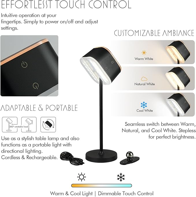 2 Pack Cordless Table Lamps, Rechargeable Touch Lamps for Nightstand & Dining Table, 3 Color Temps 3000K-6500K, Dimmable, Dual-Tone Design, USB-C Portable Bedside Lights, Set of 2, Black