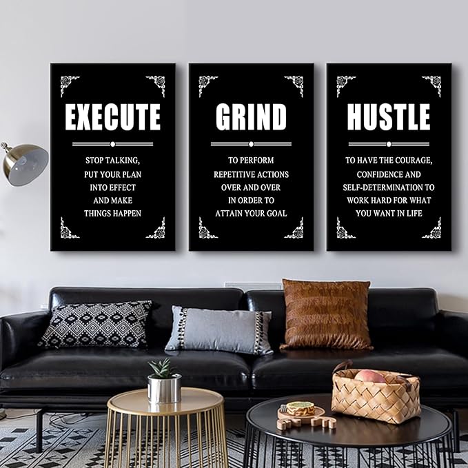 3 Pieces Inspirational Canvas Wall Art Entrepreneur Positive Quotes Poster Print Execute Grind Hustle Motivational Office Wall Decor Suitable for Bedroom Classroom Stretched and Framed [72''Wx 36''H]