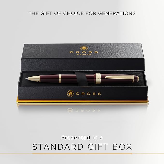 Cross Bailey Light Polished Burgundy Resin and Gold Tone Rollerball Pen - Professional Pen for Effortless Writing - Journaling, Note-Taking & More - Black Ink - Easy Handling