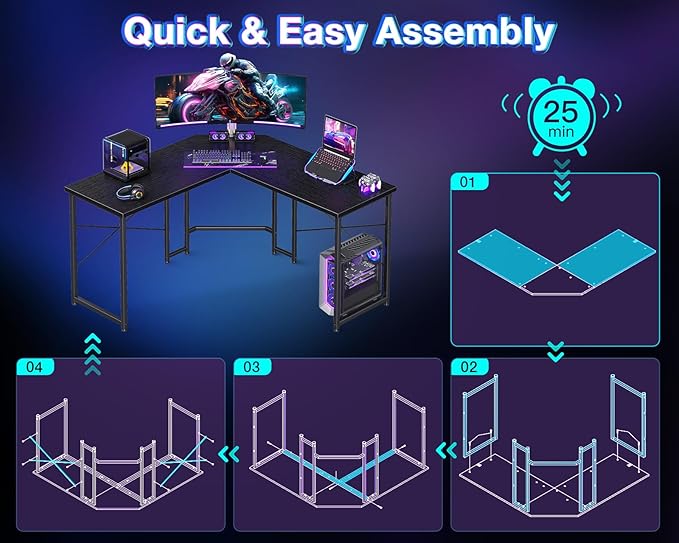 Casaottima 47 inch L Shaped Gaming Desk, Corner Desk Gaming Table for Home Office, Computer Desk Sturdy Writing Workstation for Small Space, Easy to Assemble, Black