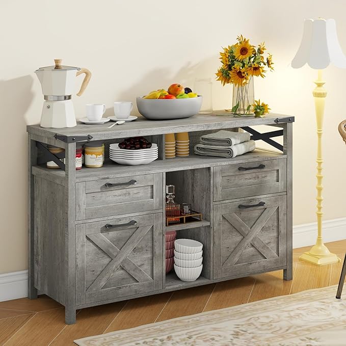 Vabches Farmhouse Filing Cabinet with Adjustable Shelf for Home Office, Lateral File Cabinets 4 Drawers with Open Storage Shelf, Filing Organization Storage Cabinets for Hanging Files Letter/A4.Grey