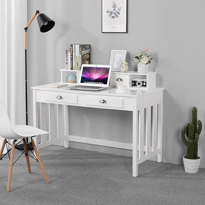 Topeakmart Computer Desk with 4 Drawers and Removable Floating Organizer, Home Office Desk Writing Studying Desk with Large Tabletop, Modern Workstation Gaming Table Secretary Desk for Office, White