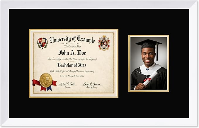 CountryArtHouse Fits 11 x 8.5 US Letter Certificate and 5 x 7 Photo Diploma and Photo Frame Bright White Genuine Hardwood with Black Over Metallic Gold Double mat