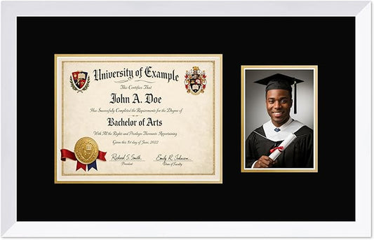 CountryArtHouse Fits 11 x 8.5 US Letter Certificate and 5 x 7 Photo Diploma and Photo Frame Bright White Genuine Hardwood with Black Over Metallic Gold Double mat