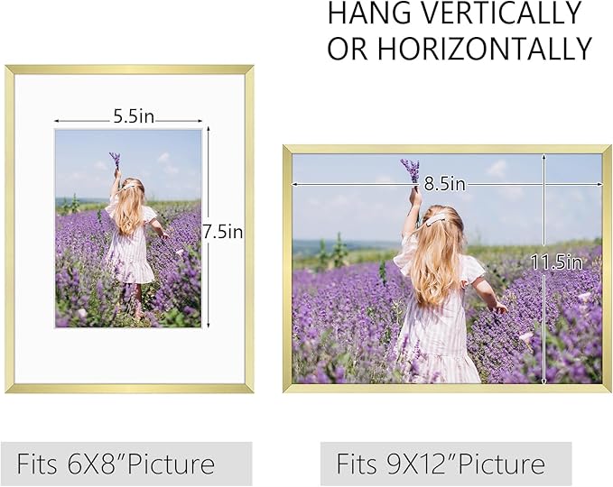 Golden State Art, Gallery Wall Frame Set of 6 - Gold 9x12 Aluminum Photo Frames with Mat for 6x8 Pictures - 9 x 12 inch Metal Frame with Real Glass Cover - Elegant Home or Office Decor