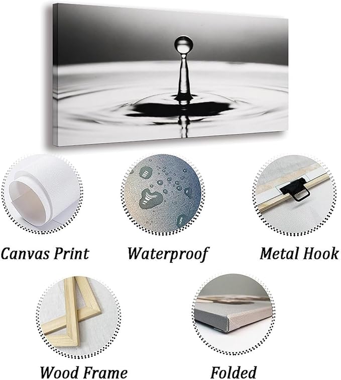 Black White Water Drop Framed Canvas Wall Art for Bedroom, Minimalist Wall Decor 40" L x 20" W
