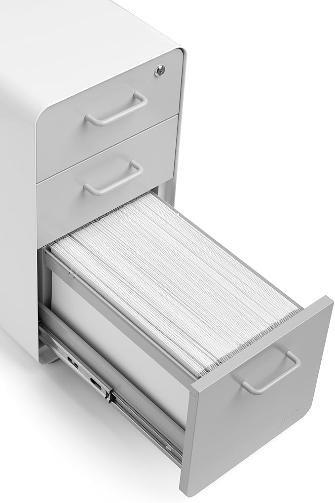 Poppin White + Gray Slim Stow 3-Drawer Rolling File Cabinet, One Lock Secures All Drawers, Durable Powder-Coated Steel Construction, Stay Organized and Keep Documents Safe, 12.5" x 20" x 25"