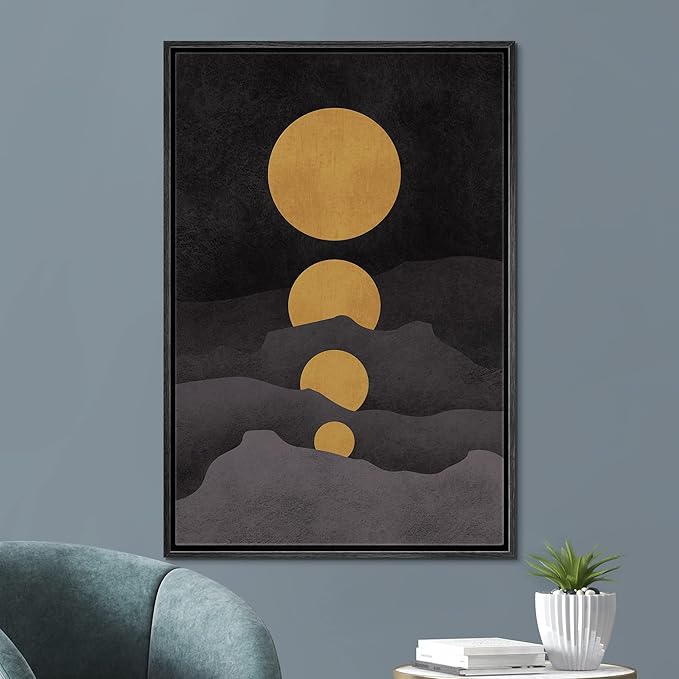 SIGNFORD Framed Canvas Print Wall Art Golden Moons in Dark Landscape Abstract Wilderness Illustrations Modern Art Contemporary Scenic for Living Room, Bedroom, Office - 16"x24" Black