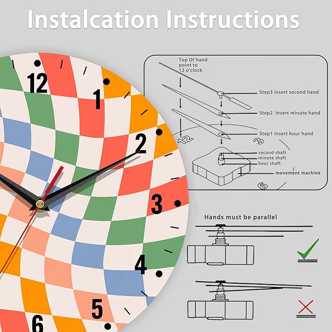 SPUNKER Clock for Bedroom,Colorful Checkered Wall Clock Battery Operated 10 Inch,Retro Wavy Round Clock Silent Non-Ticking Wall Decor for Farmhouse Office Home School Living Room Bedroom