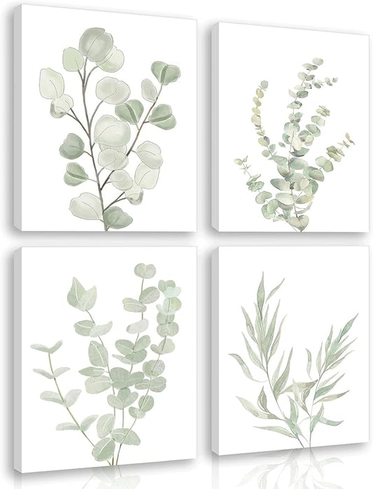 4pcs Sage Green Boho Wall Art Eucalyptus Posters Green plants Canvas Minimalist Plant Painting Modern Farmhouse prints Flower Leaves Prints Wall Decor framed