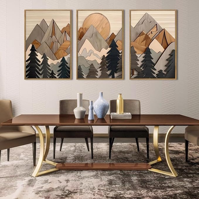 Set of 3 Mountain Wall Art Large Forest Wall Decor Woodcut Wooden Landscape canvas posters Nature Wilderness Art Prints Abstract Landscape Painting for Living Room Bedroom Office Unframed 12x16in