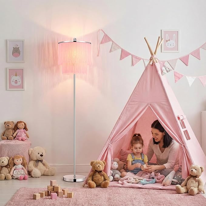 Modern Floor Lamp with Pink Tassel Lampshade for Girls Room, 63" Tall Fringe Standing Bedroom Lamp with Soft Lighting, Boho Stand Up Corner Pink Lamp for Living Room（Bulb Included）
