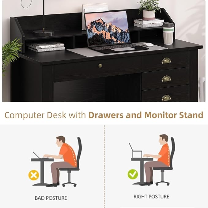 4 EVER WINNER Black Desk with Drawers, Small Desk with File Drawer and Monitor Stand, Computer Desk with Storage, Writing Desk for Bedroom Home Office, Black