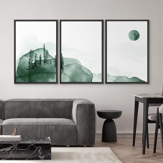 SIGNWIN 3 Piece Framed Canvas Wall Art Green Watercolor Landscape with Moon Nature Wilderness Illustrations Abstract Traditional Home Artwork Decoration for Living Room,Bedroom - 24"x36"x3 Black