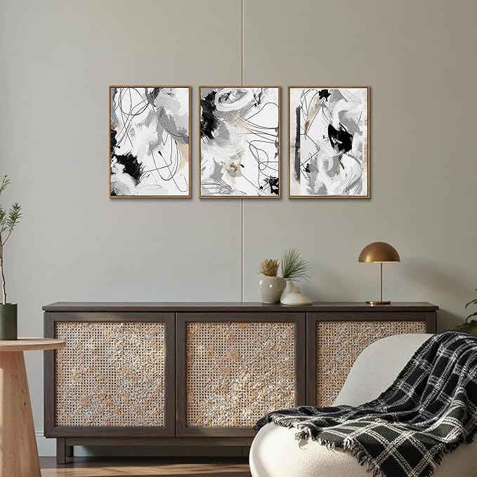 myusuar 3 Piece Large Modern Abstract Canvas Framed Wall Art For Living Room, Black And White Lines Minimalist Wall Art Decor Posters Prints For Bedroom Office, 12x16in
