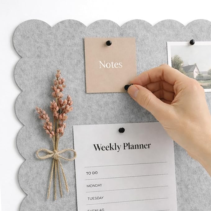 Orelle Scalloped Felt Bulletin Board | 35 x 23” | Foldable Peel and Stick Felt Board for Wall | Alternative Cork Board for Office, Message Board, Kids Art Display | Heather Gray
