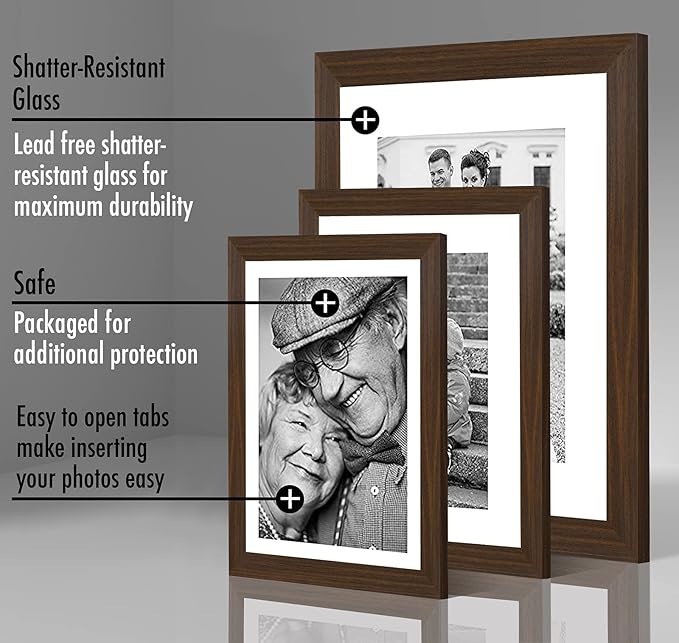 Americanflat Set of 7 Picture Frames with Shatter-Resistant Glass - Gallery Wall Frame Set with One 11x14, Two 8x10 and Four 5x7 Frames - Signature Collection - Walnut