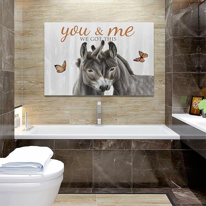 yerretin Farmhouse Donkey Wall Art Country Love Pictures Wall Decor Rustic Animal Canvas Painting Home Decoration Artwork for Bathroom Bedroom Living Room Office Framed 24"x16"