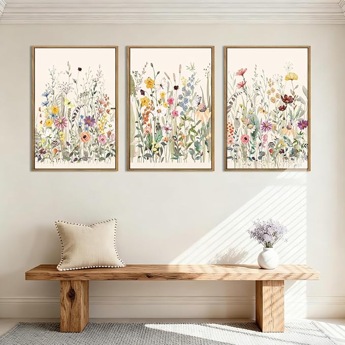 BINCUE Wildflower Wall Art Large Floral Wall Painting Neutral Print Pictures Decor Flower Artwork 36x24 Inches Framed Wildflowers Paintings Flower Wall Decor for Living Room Bedroom Bathroom Farmhouse Set of 3