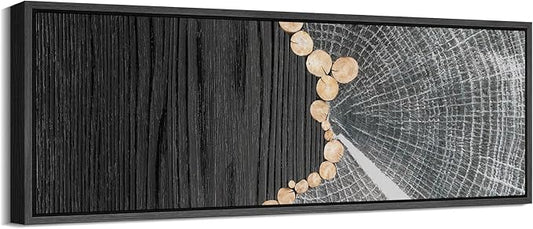 SIGNFORD Large Framed Canvas Black Wood and Tree Ring Abstract Illustrations Modern Art Warm for Living Room, Bedroom, Office - 60"x20"