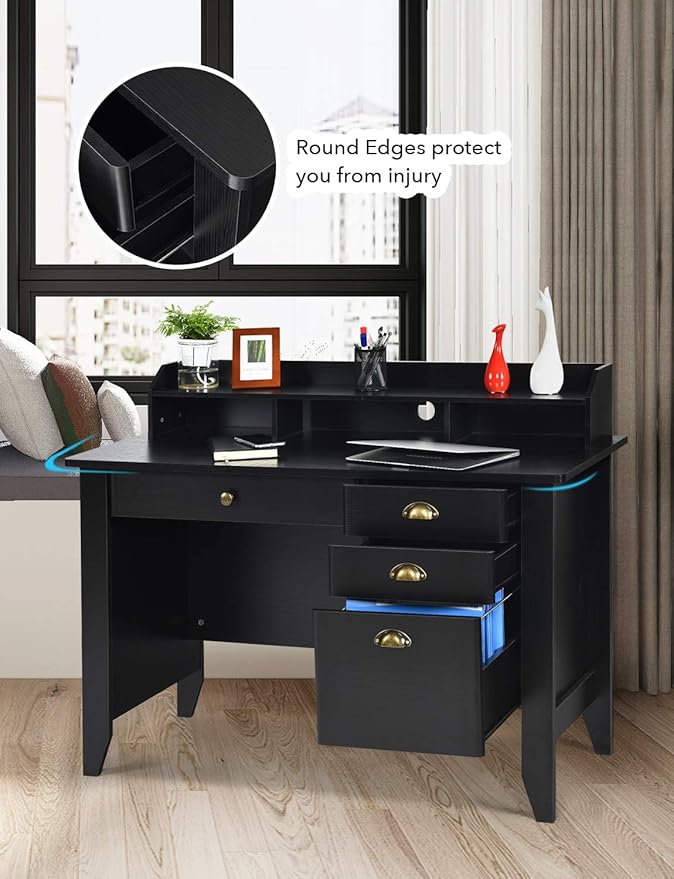 Catrimown Computer Desk with Drawers and Hutch, Vintage Wood Home Office Desk Writing Study Teens Student Desk PC Laptop Table, for Small Spaces, Black