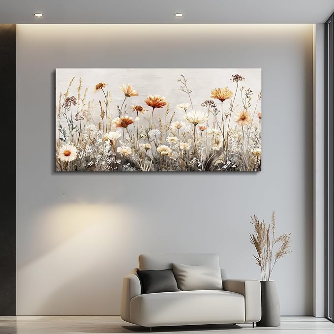 QIYILEXWART Canvas Wall Art For Living Room Wall Decor For Bedroom Office Wall Decoration Neutral Wildflower Landscape Painting Farmhouse Pictures Artwork Room Aesthetic Home Decor 20x40 In