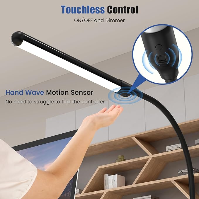 MYPLUS LED Desk lamp with Clamp, Hand Wave Control 5 Color and 10 Level Dimmable LED Clip on Lamp, Bright Table Lights for Home Office,Reading,Desktop Working - White