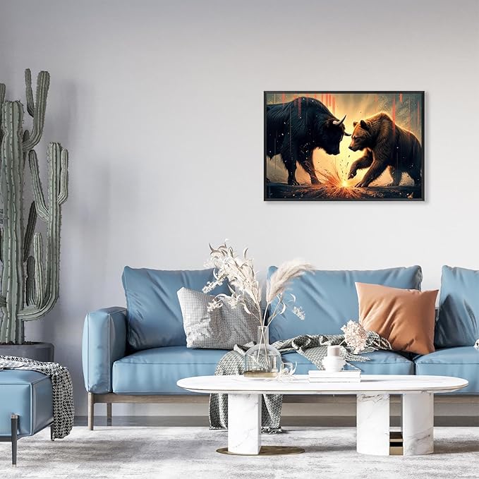 Trendy Bull And Bear Confrontation Wall Art Funny Bull And Bear Stock Market Canvas Posters Funny Animal Prints Painting For Office Living Room Wall Decor 16x24in Framed