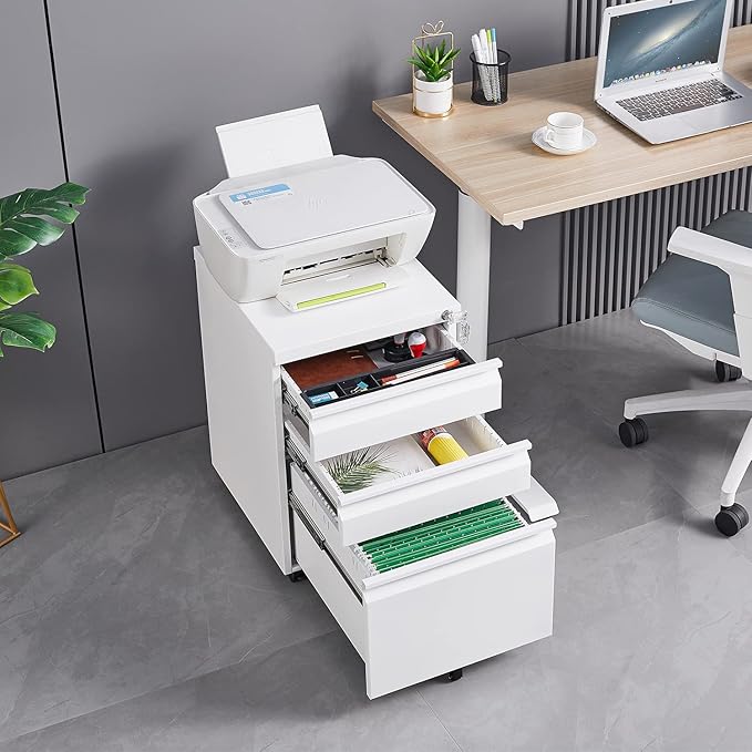 3-Drawer Mobile File Cabinets Rolling Metal Filing Cabinet for Legal & Letter File Anti-tilt Design with Lock Under Desk Office Drawers Fully Assembled Except Casters (White)