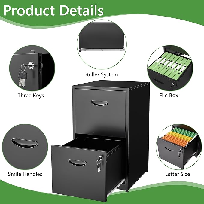 2 Drawer File Cabinet with Lock,Black Small Filing Cabinet for Home Office, Metal Vertical File Under Desk Cabinets for A4/Letter,Assembly Required