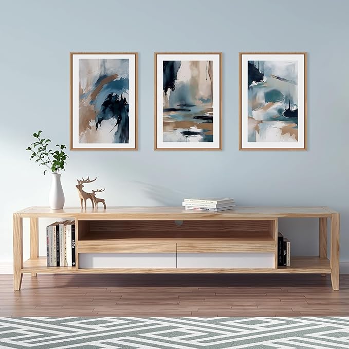 KAIRNE Blue Abstract Neutral Framed Canvas Wall Art Set, Navy Abstract Wall Decor, Watercolor Blue and Brown Wall Painting, Modern Textured Art Prints for Living Room, Bedroom, Office - 16"x24"x3