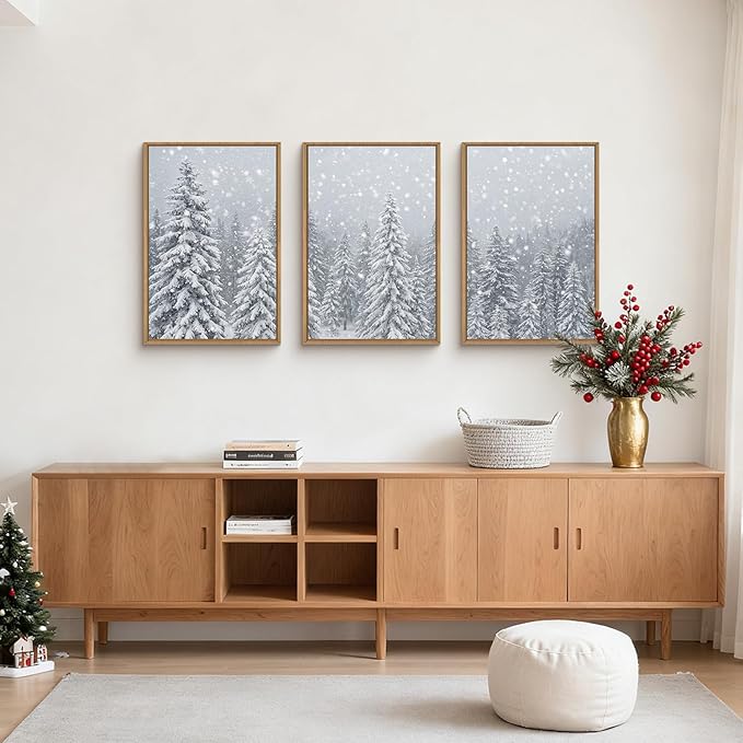 Winter Snow Covered Forest Framed Canvas Wall Art Set,Snowy Woodland Wall Decor,Wilderness Pine Tree Art Prints,Natural Botanical Landscape Artwork for Living Room, Bedroom,Farmhouse- 16"x24"x3