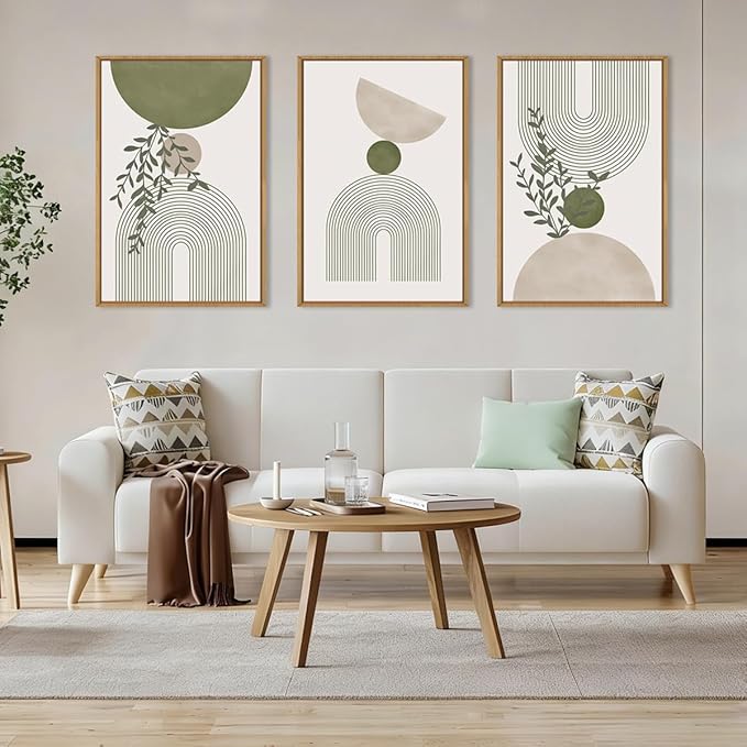 ANHUIB Boho Abstract Wall Art Canvas,Sage Green Wall Decor Framed,Geometric Line Art Prints Leaves,Minimalist Artwork Botanical,3 Piece 16x24In Beige Nature Painting for Living Room Bedroom