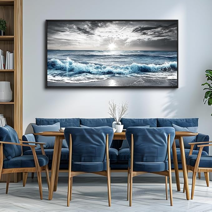 KELIYUAN Wall Decor For Living Room Canvas Wall Art For Bedroom Office Black And White Pictures Beach Wave Scenery Murals Artwork For Modern Stretched and Framed Beach Posters Home Decor 20"X40"