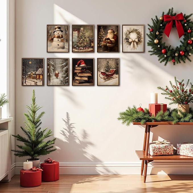 Vintage Christmas Canvas Wall Art Poster Set of 8, Santa Christmas Tree Snowman Pictures Wall Decor, Winter Holiday Paintings Prints Aesthetic Home Decor for Living Room Bedroom 8x10 inch Unframed