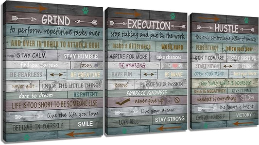 Inspirational Canvas Wall Art Poster Print Grind Execution Hustle Motivational Entrepreneur Quotes Picture Painting Artwork for Modern Home Bathroom Wall Decor Stretched and Framed [36''W x 16''H]