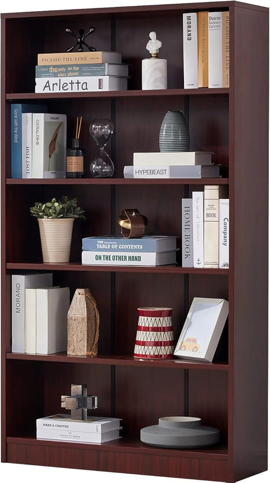 Farini Mahogany Bookshelf for Bedroom 5 Shelf Office Bookcase 60 Inches Tall Modern Wood Bookshelf for Living Room 5 Tier Wide Manga Bookshelves Library Bookcase