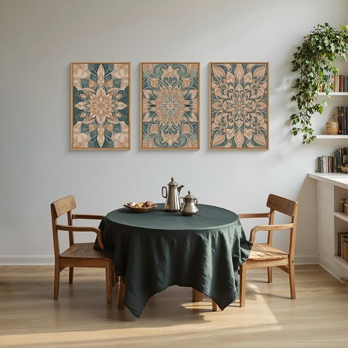 HLNIUC Mandala Boho Framed Canvas Wall Art, Vintage Green Abstract Flower Decor, Scandinavian Botanical Artwork Set of 3(24x36), Southwestern Mexican Bohemian Prints for Living Room, Bedroom, Office
