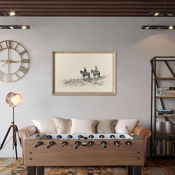 Vintage Cowboys on Horses Sketch Canvas Print Neutral Western Wall Art Farmhouse Wall Decor Rustic Country Art Poster Trendy Eclectic Vintage Artwork Prints for Living Room Dorm Office Decor, Unframed