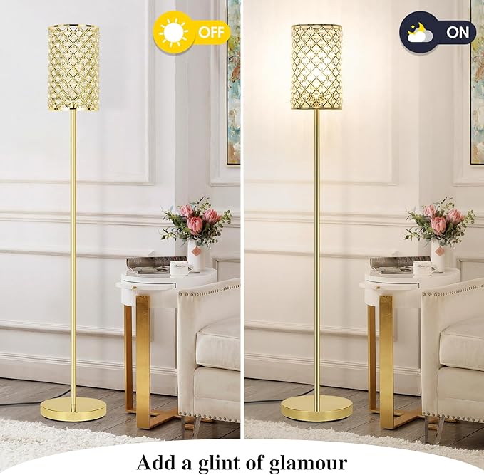 Gold Floor Lamp, Crystal Floor Lamp with Decorative Shade, Standing Lamp with On/Off Foot Switch & E26 Base, Modern Floor Lamps Corner Tall Pole Light for Living Room, Girls Bedroom, Dresser, Office