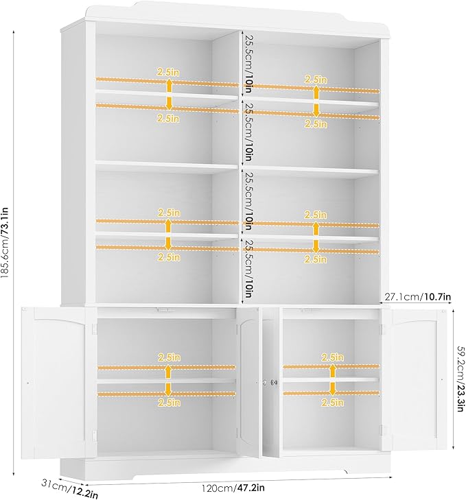 FACBOTALL 73.1" Tall Bookcase and Bookshelf, Wide Bookshelfs with Doors and Adjustable Shelves, 6 Tier Large Bookshelf with Storage, Tall Storage Cabinet for Living Room, Home Office, White