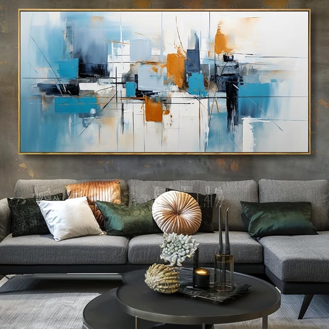 Wall Art Abstract Wall Decor Blue Orange Colorful Canvas Painting Modern Artwork for Living Room Bedroom Dining Room Home Office Decor 24"x48" with Framed