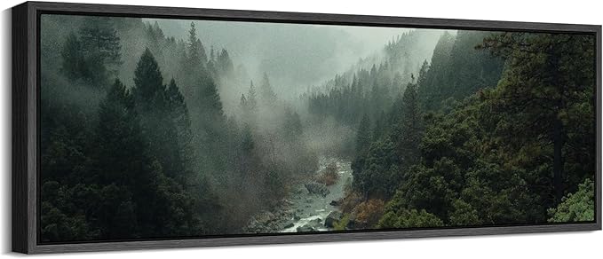 SIGNFORD Large Framed Canvas Misty Forest River Landscape Nature Photography Illustrations Modern Art Calm Warm for Living Room, Bedroom, Office - 60"x20"