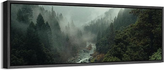SIGNFORD Large Framed Canvas Misty Forest River Landscape Nature Photography Illustrations Modern Art Calm Warm for Living Room, Bedroom, Office - 60"x20"