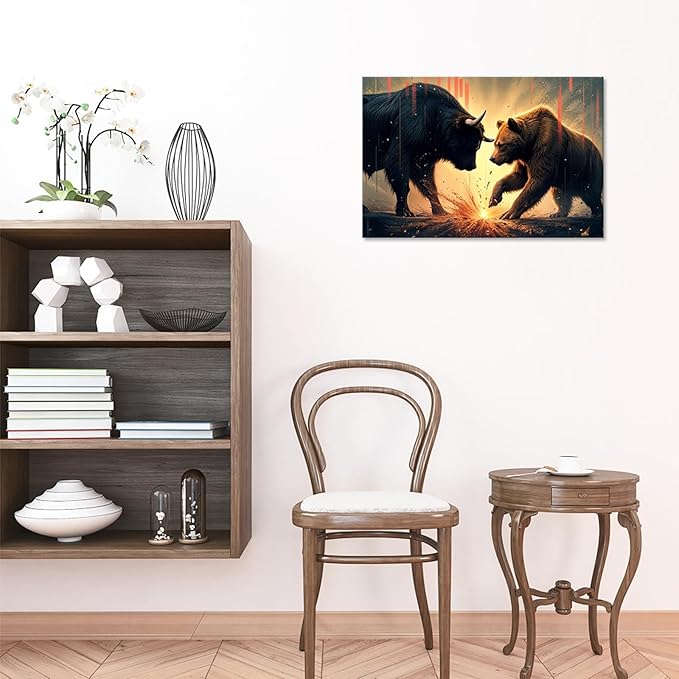 Trendy Bull And Bear Confrontation Wall Art Funny Bull And Bear Stock Market Canvas Posters Funny Animal Prints Painting For Office Living Room Wall Decor 24x36in Framed